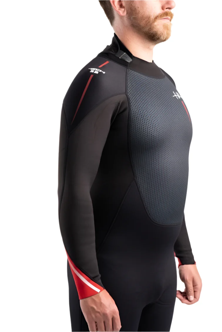 Tech Mens 3/2 Steamer Wetsuit Back Zip In Black & Red - Image 8